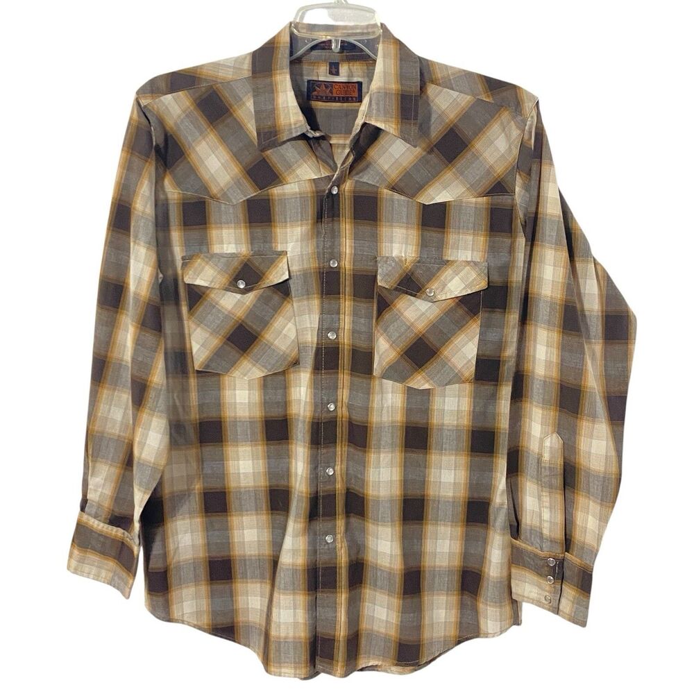 Canyon Guide Outfitters Shirt Men’s Large Long Sleeve Pearl Snap Brown Plaid